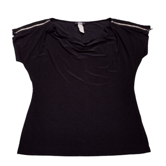 MSK Womens Size Large Shirt Black Stretch Cowl Neck Rhinestone Zip Shoulders - Picture 1 of 6